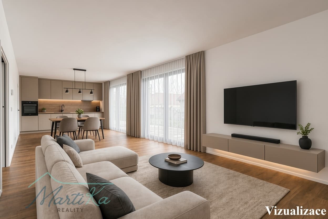 Promyšlená novostavba - byt 4+kk 142m2 s terasou 23m2, zahradou a 2 parkovacími místy v Úvalech a Praha blízko