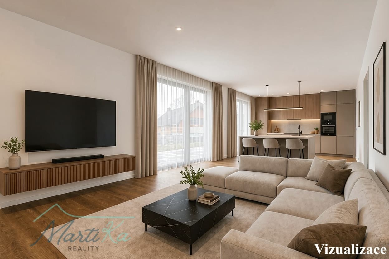 Byt 4 kk 142 m2 s terasou 23 m2, zahrádkou 157 m2 a 2 parkovacími místy v Úvalech u Prahy